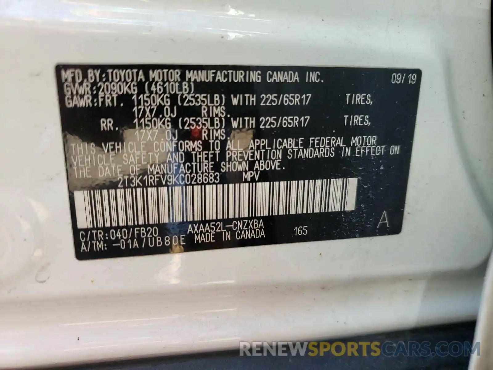 10 Photograph of a damaged car 2T3K1RFV9KC028683 TOYOTA RAV4 2019