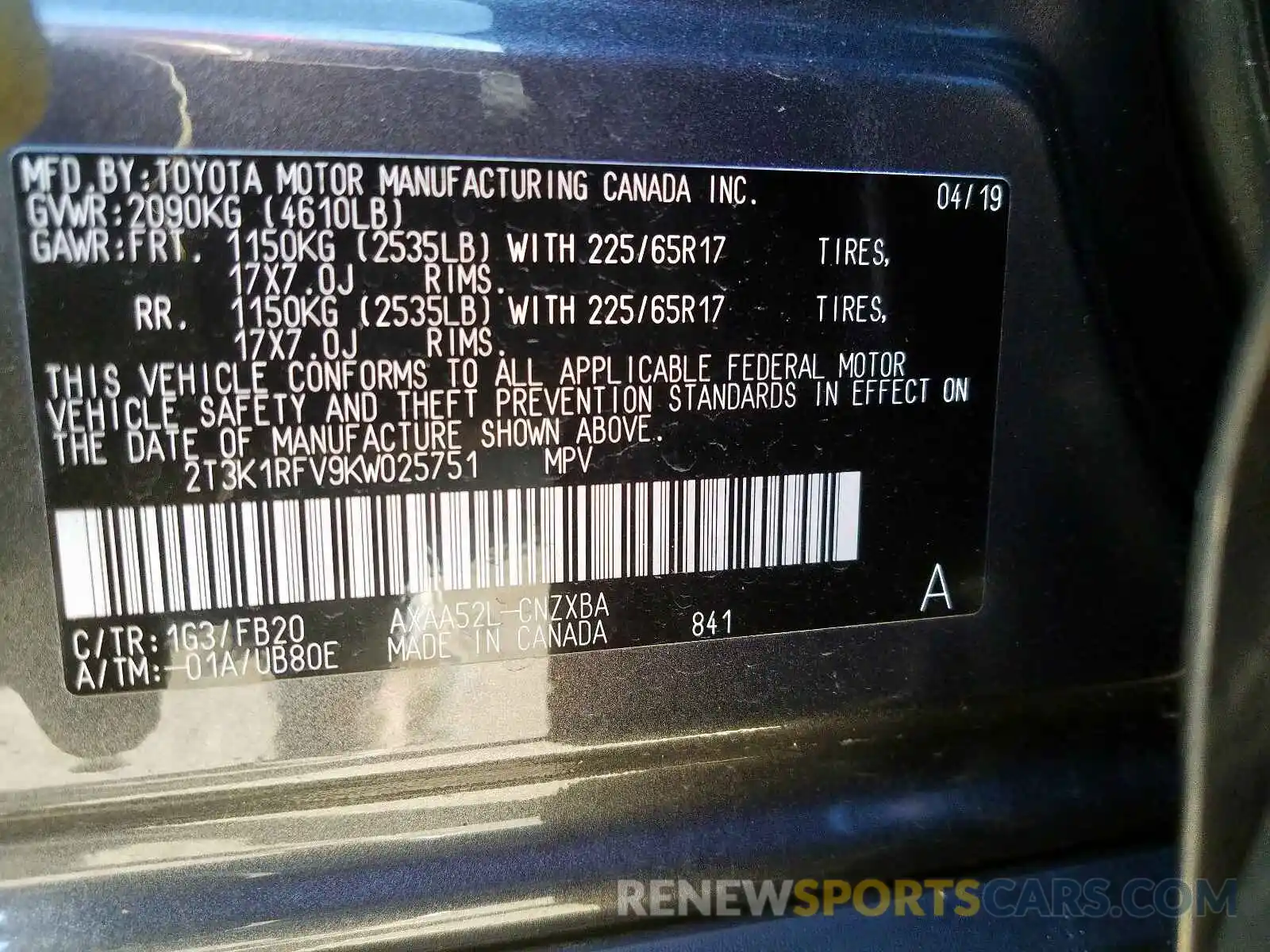 10 Photograph of a damaged car 2T3K1RFV9KW025751 TOYOTA RAV4 2019