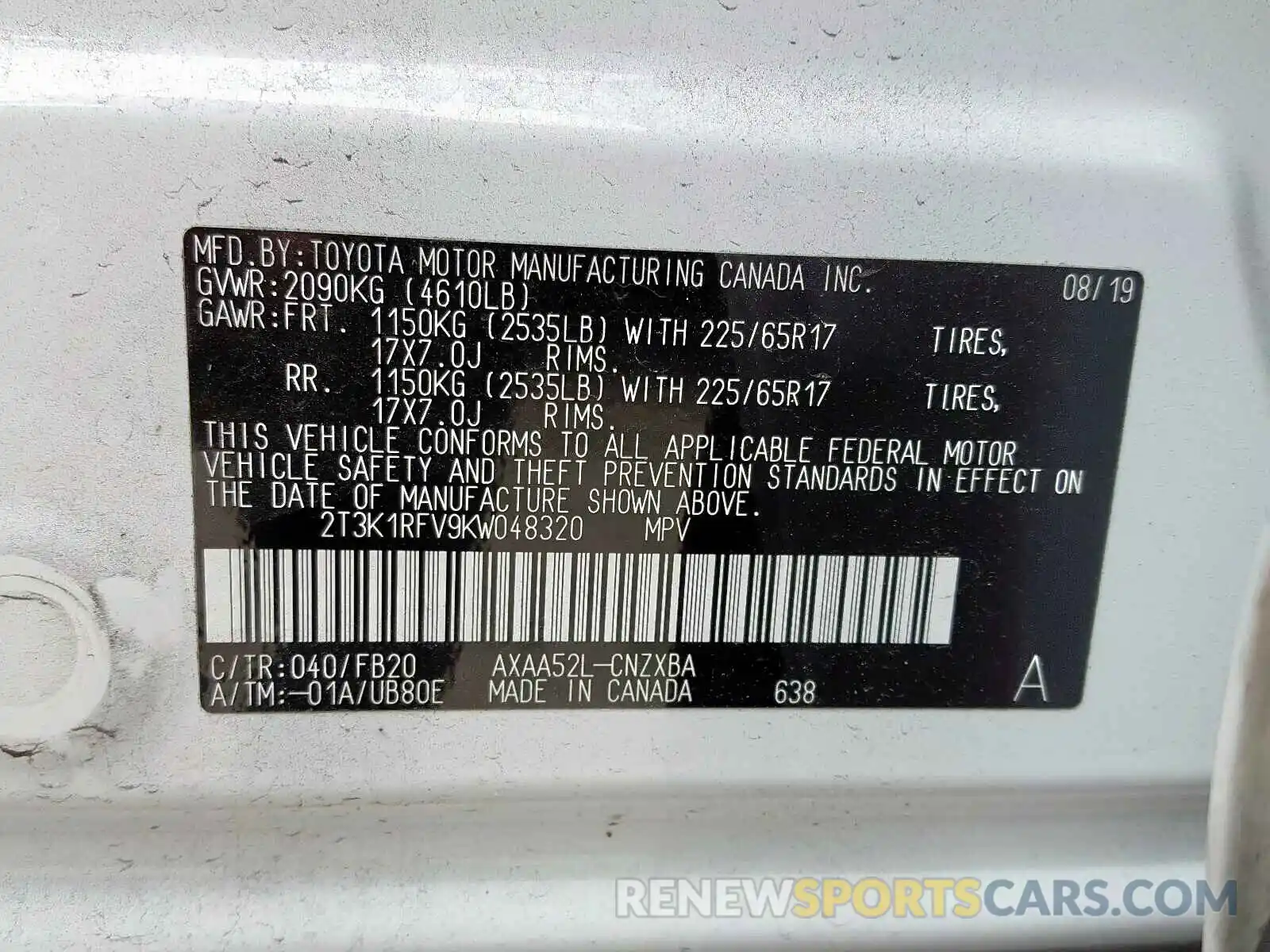 10 Photograph of a damaged car 2T3K1RFV9KW048320 TOYOTA RAV4 2019