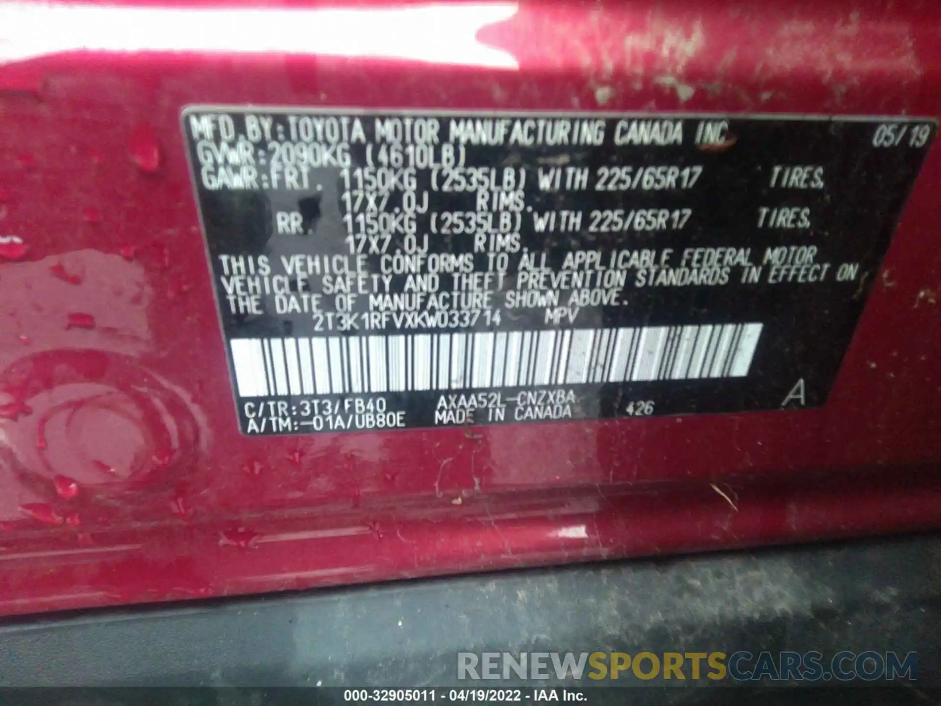 9 Photograph of a damaged car 2T3K1RFVXKW033714 TOYOTA RAV4 2019