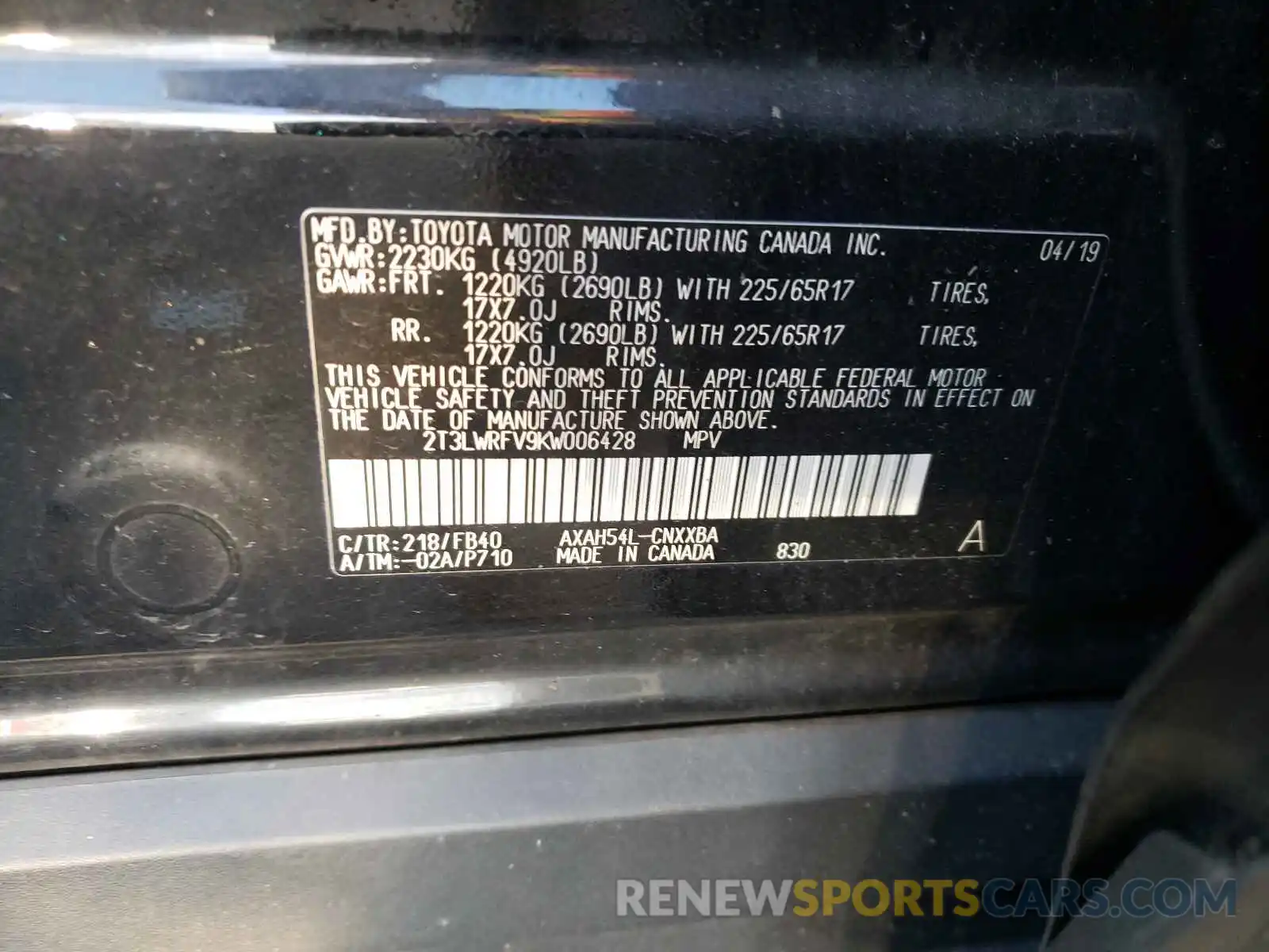 10 Photograph of a damaged car 2T3LWRFV9KW006428 TOYOTA RAV4 2019