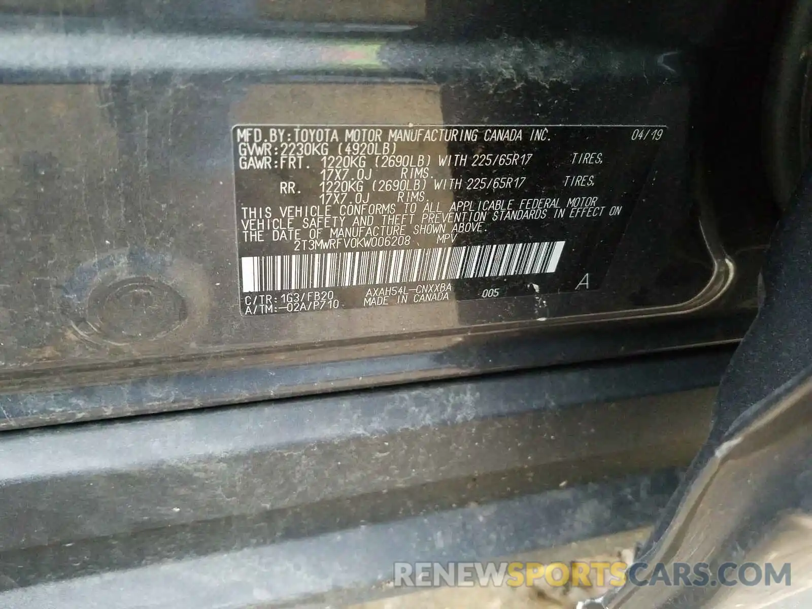 10 Photograph of a damaged car 2T3MWRFV0KW006208 TOYOTA RAV4 2019