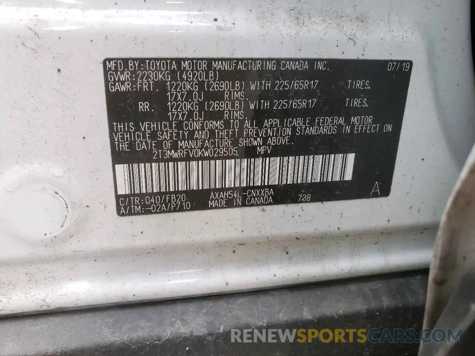 10 Photograph of a damaged car 2T3MWRFV0KW029505 TOYOTA RAV4 2019