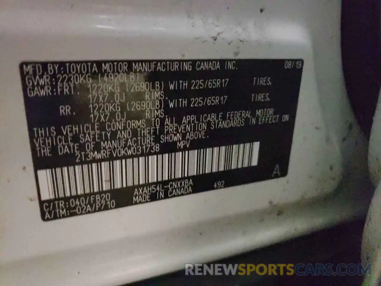 10 Photograph of a damaged car 2T3MWRFV0KW031738 TOYOTA RAV4 2019