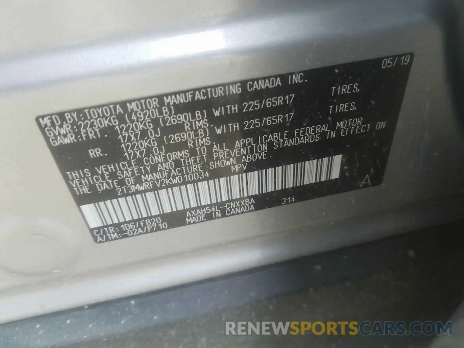 10 Photograph of a damaged car 2T3MWRFV2KW010034 TOYOTA RAV4 2019