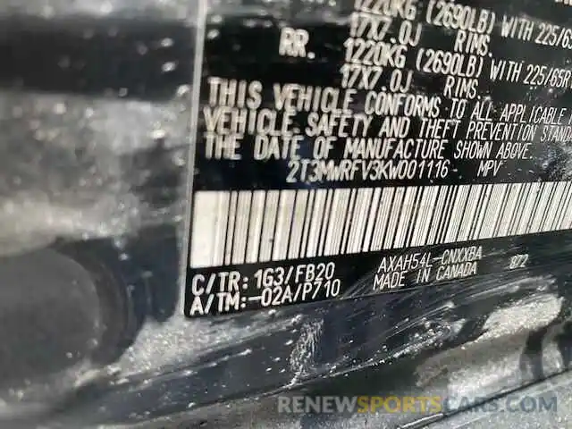 10 Photograph of a damaged car 2T3MWRFV3KW001116 TOYOTA RAV4 2019