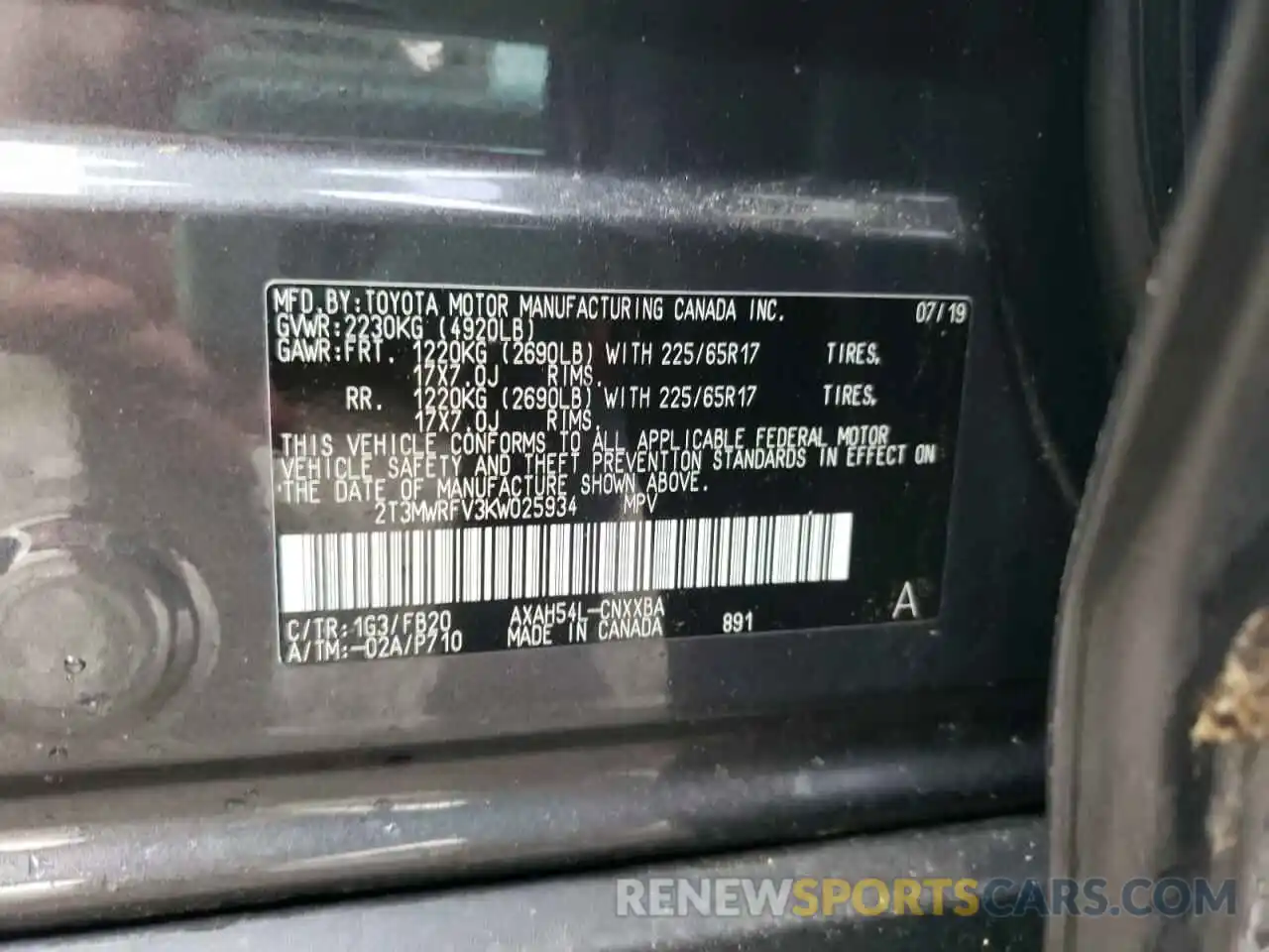 10 Photograph of a damaged car 2T3MWRFV3KW025934 TOYOTA RAV4 2019