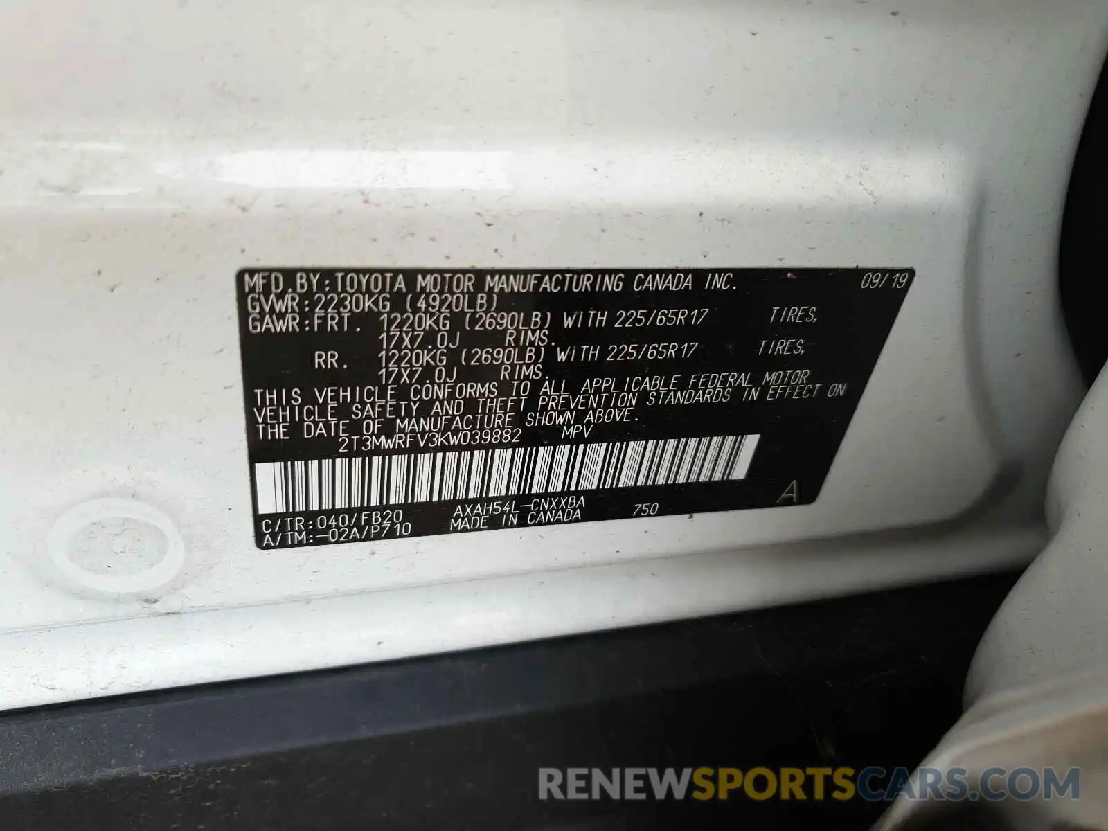 10 Photograph of a damaged car 2T3MWRFV3KW039882 TOYOTA RAV4 2019