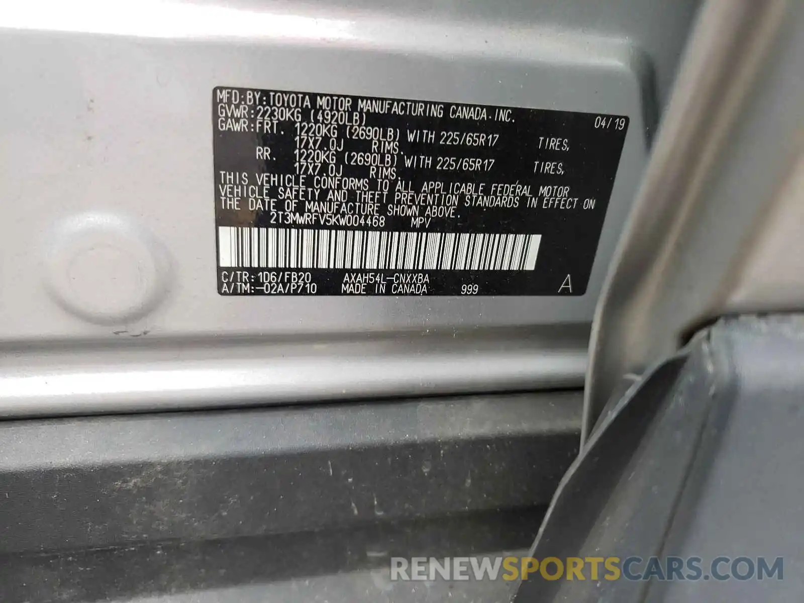 10 Photograph of a damaged car 2T3MWRFV5KW004468 TOYOTA RAV4 2019