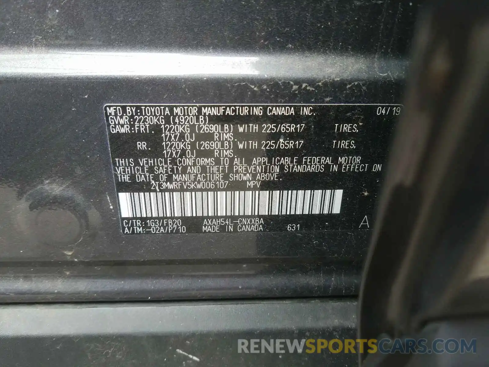 10 Фотография поврежденного автомобиля 2T3MWRFV5KW006107 TOYOTA RAV4 2019