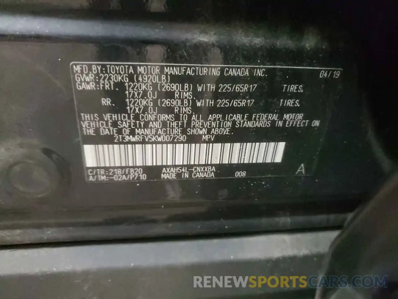 10 Фотография поврежденного автомобиля 2T3MWRFV5KW007290 TOYOTA RAV4 2019