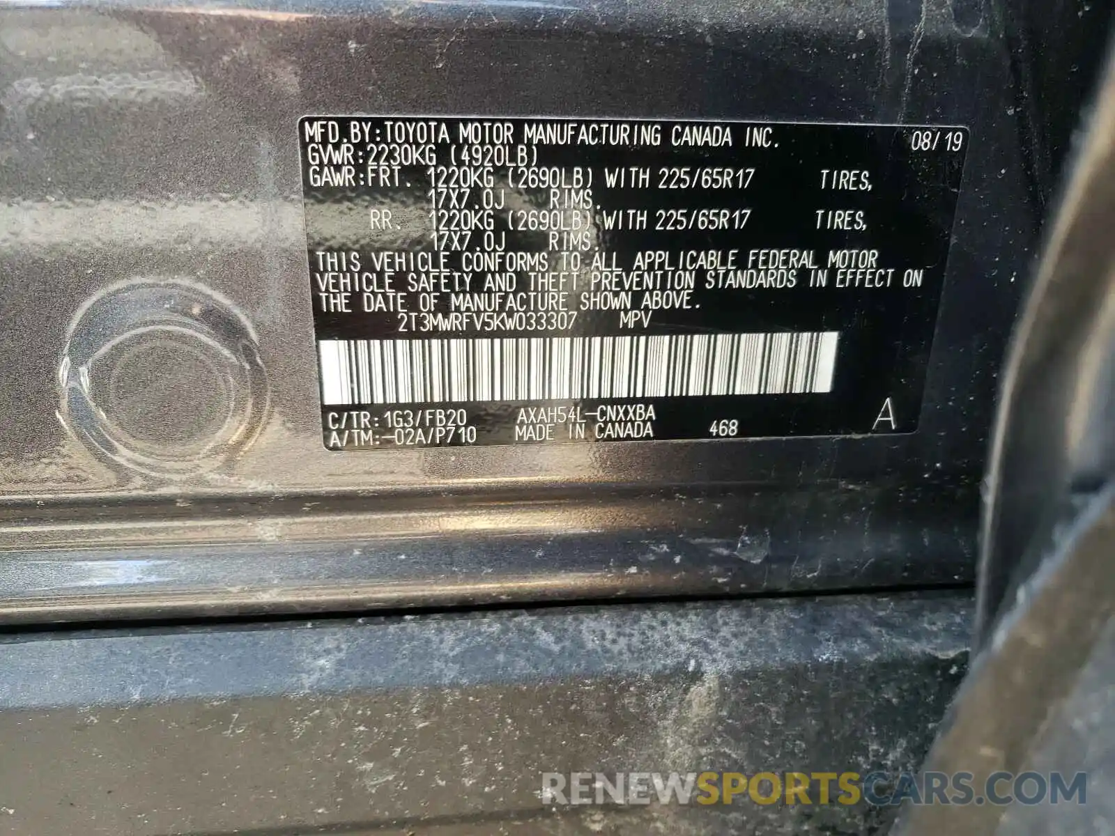 10 Photograph of a damaged car 2T3MWRFV5KW033307 TOYOTA RAV4 2019