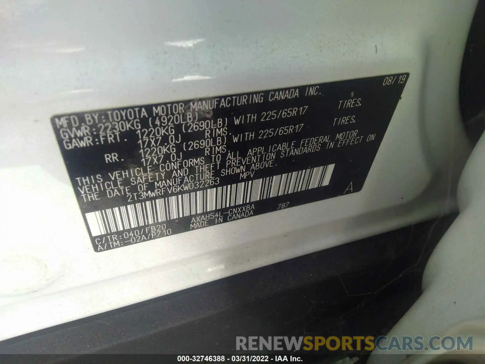 9 Photograph of a damaged car 2T3MWRFV6KW032263 TOYOTA RAV4 2019