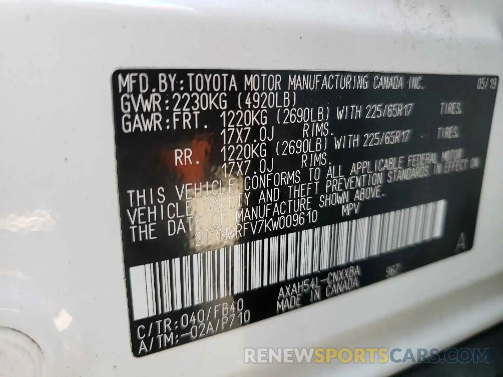 10 Photograph of a damaged car 2T3MWRFV7KW009610 TOYOTA RAV4 2019