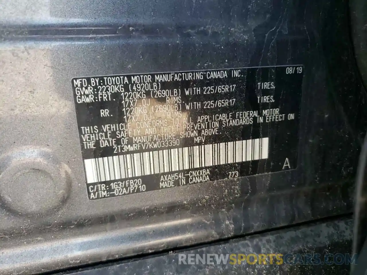 10 Photograph of a damaged car 2T3MWRFV7KW033390 TOYOTA RAV4 2019