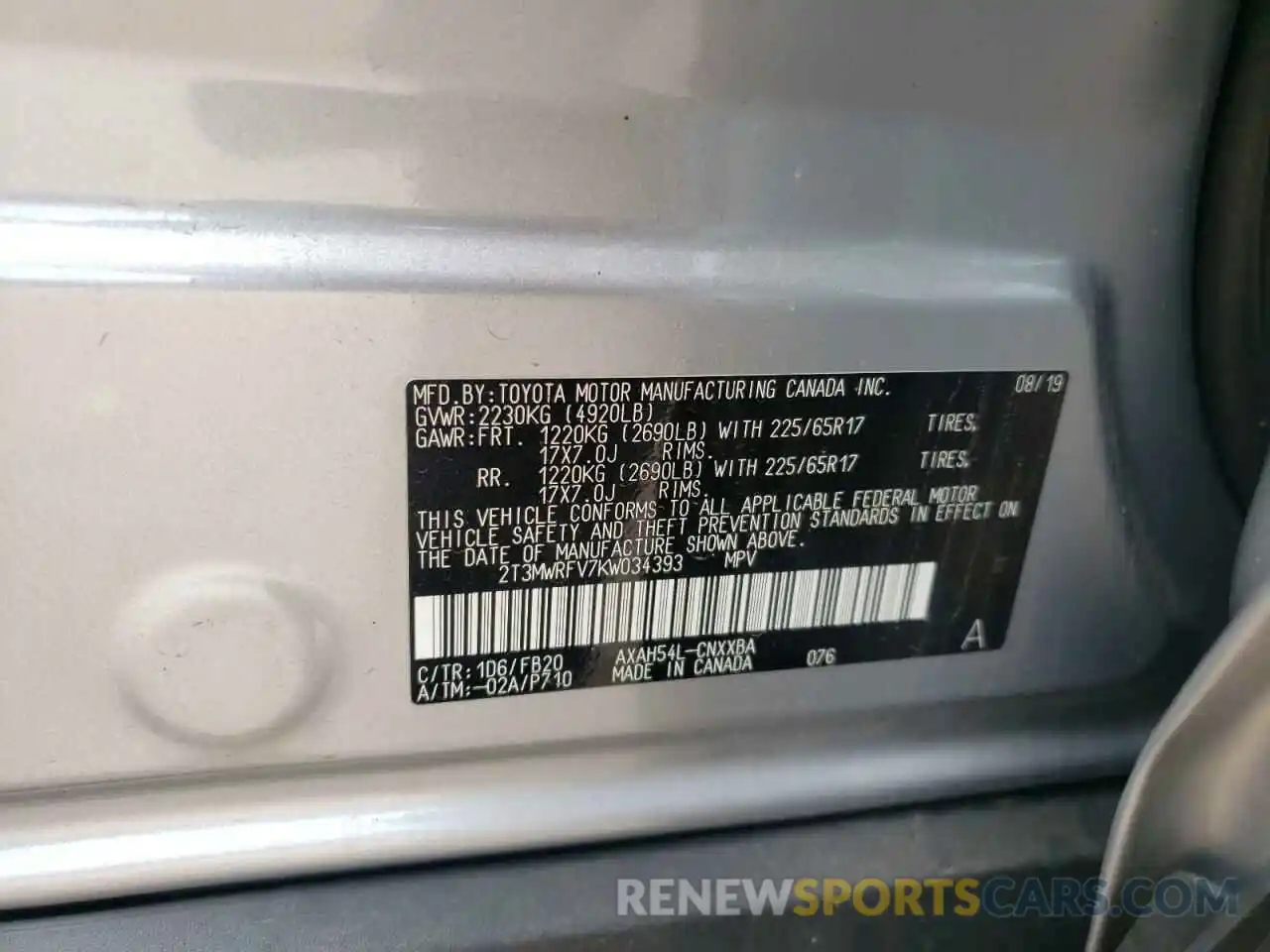 10 Фотография поврежденного автомобиля 2T3MWRFV7KW034393 TOYOTA RAV4 2019