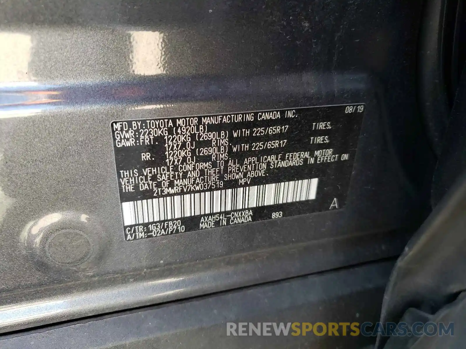 10 Photograph of a damaged car 2T3MWRFV7KW037519 TOYOTA RAV4 2019