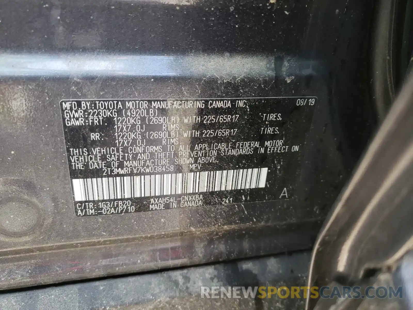 10 Photograph of a damaged car 2T3MWRFV7KW038458 TOYOTA RAV4 2019