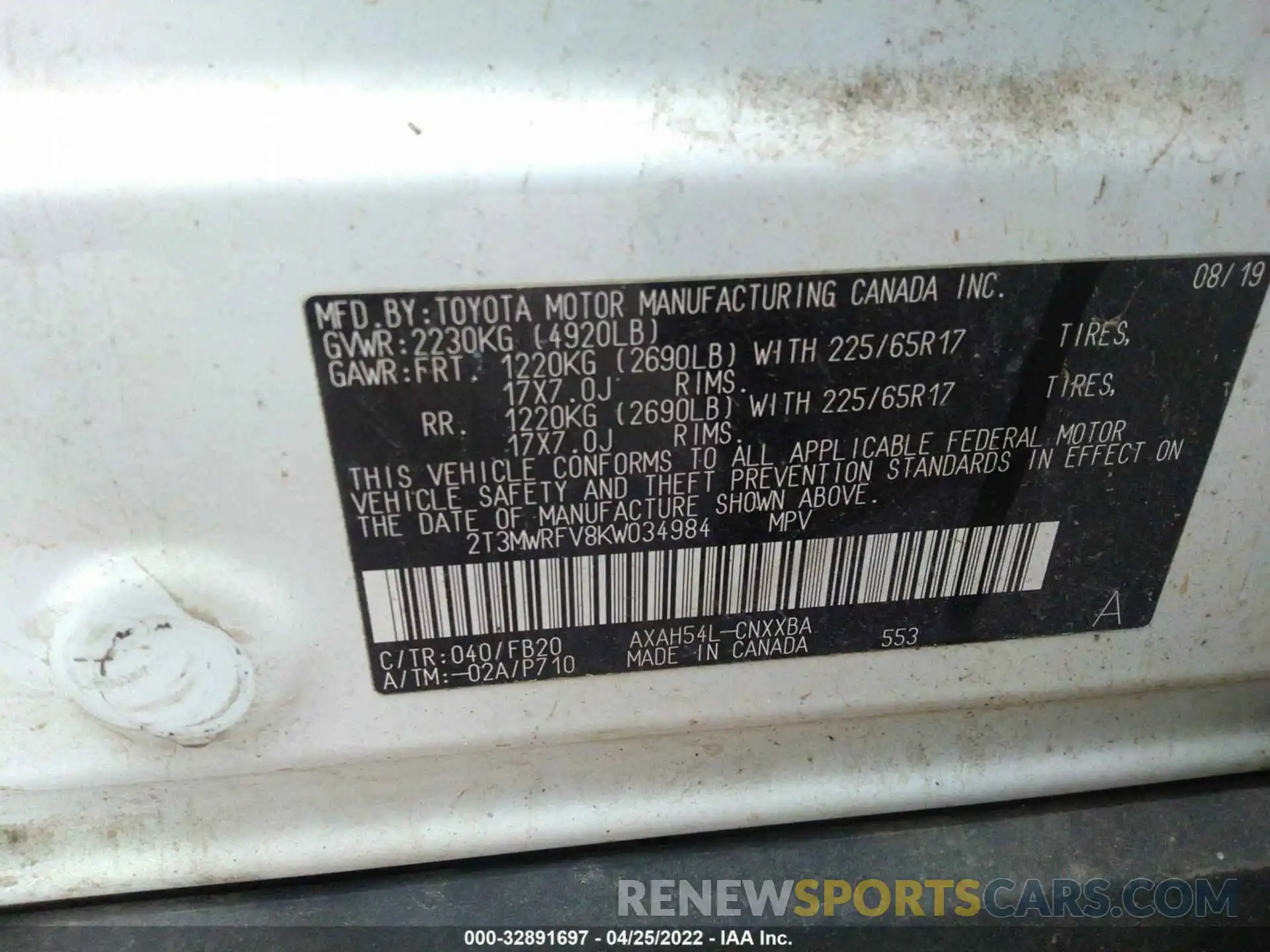 9 Photograph of a damaged car 2T3MWRFV8KW034984 TOYOTA RAV4 2019