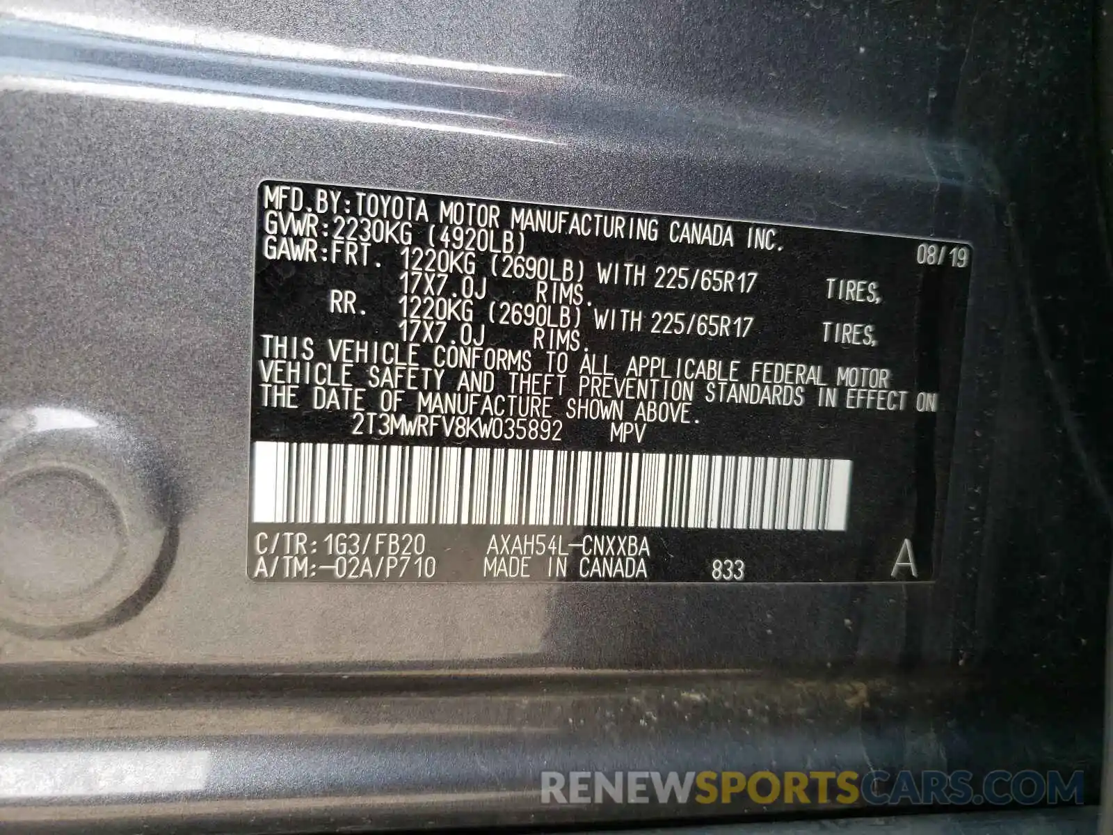 10 Photograph of a damaged car 2T3MWRFV8KW035892 TOYOTA RAV4 2019