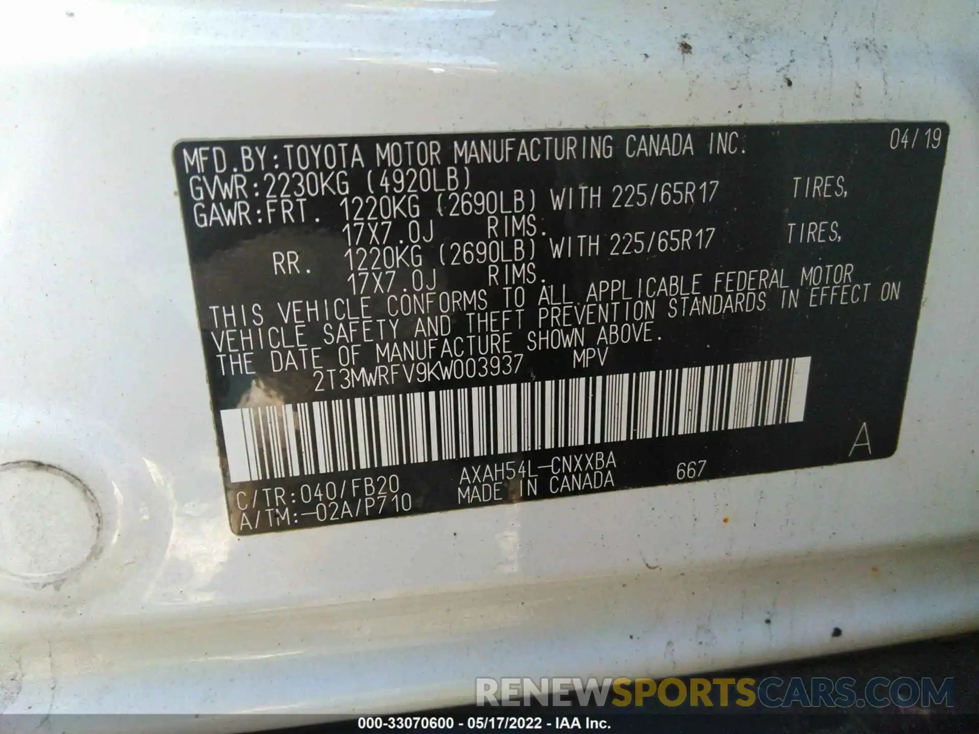 9 Photograph of a damaged car 2T3MWRFV9KW003937 TOYOTA RAV4 2019