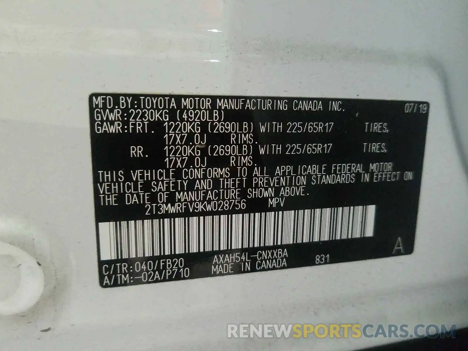 10 Фотография поврежденного автомобиля 2T3MWRFV9KW028756 TOYOTA RAV4 2019