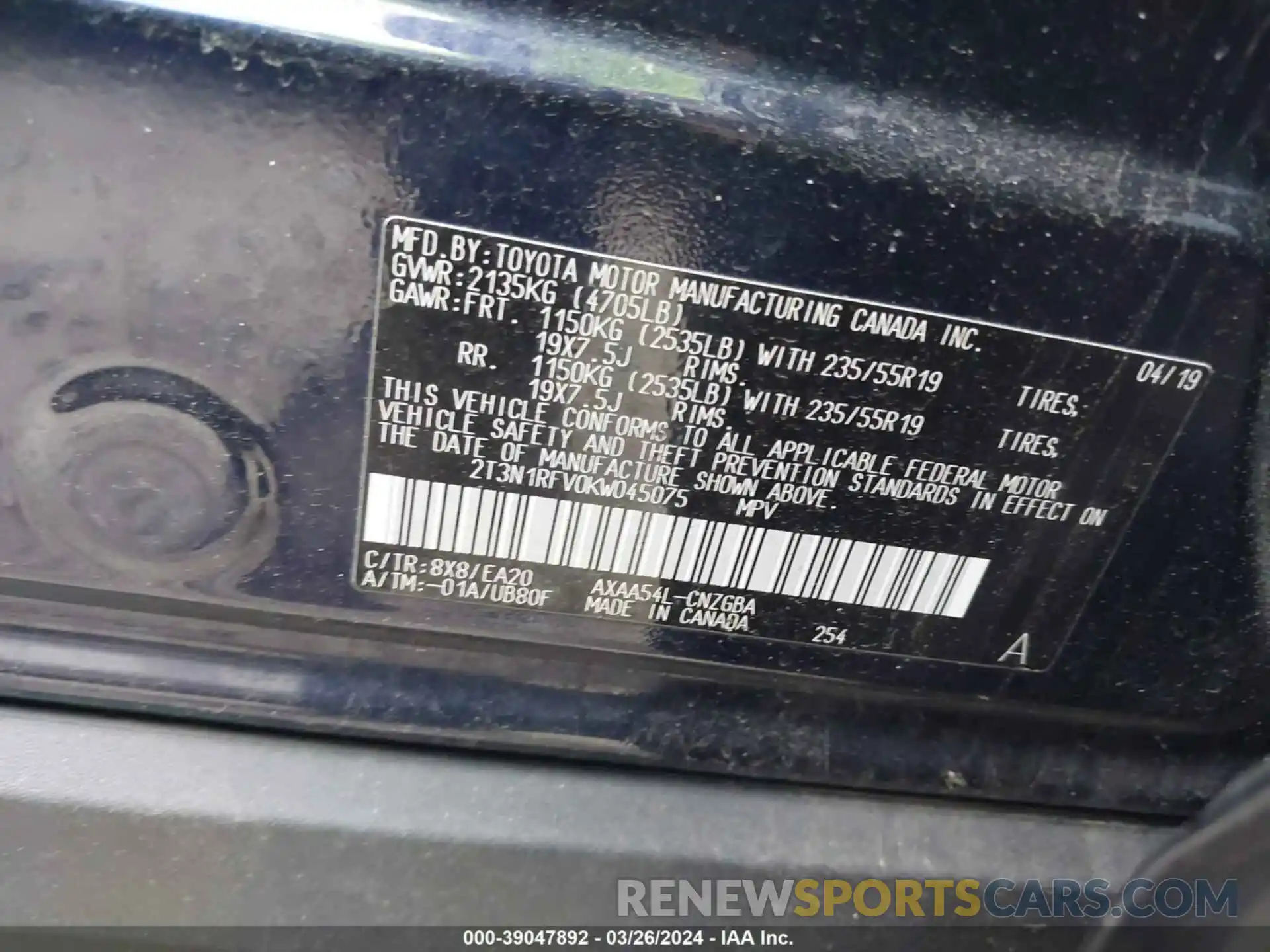 9 Photograph of a damaged car 2T3N1RFV0KW045075 TOYOTA RAV4 2019