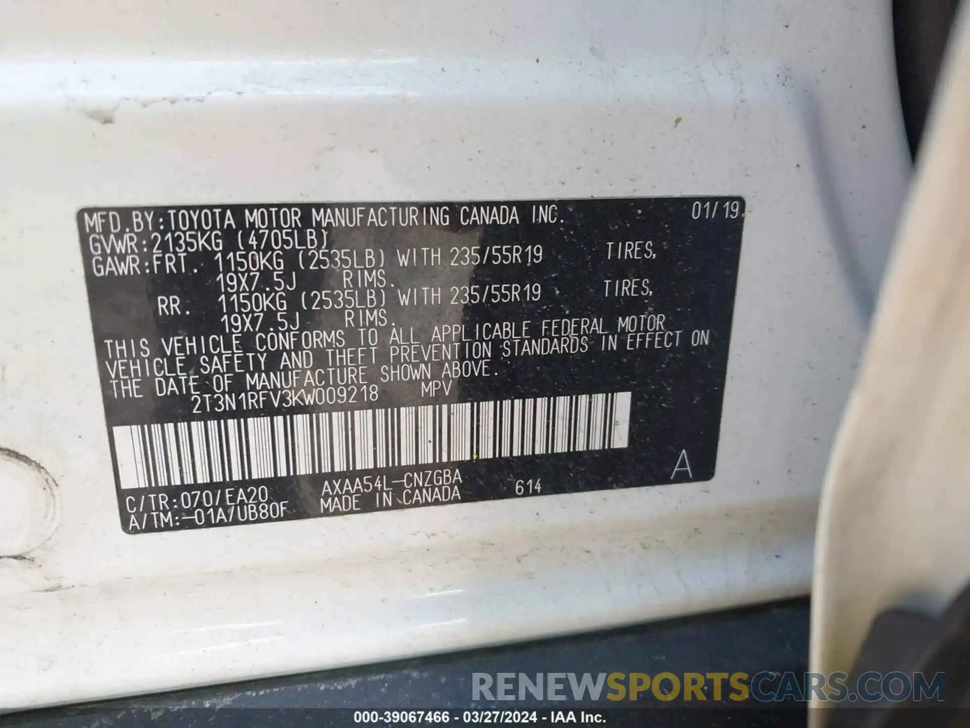 9 Photograph of a damaged car 2T3N1RFV3KW009218 TOYOTA RAV4 2019