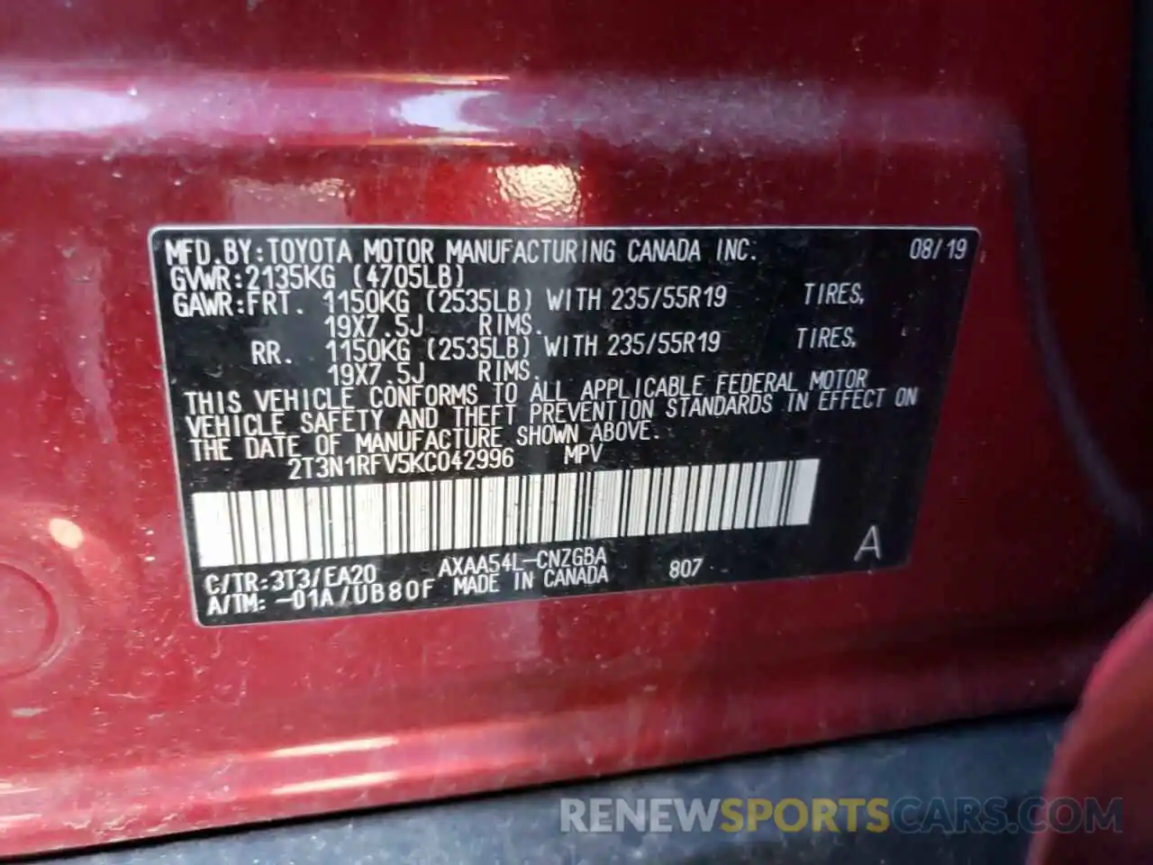 10 Photograph of a damaged car 2T3N1RFV5KC042996 TOYOTA RAV4 2019