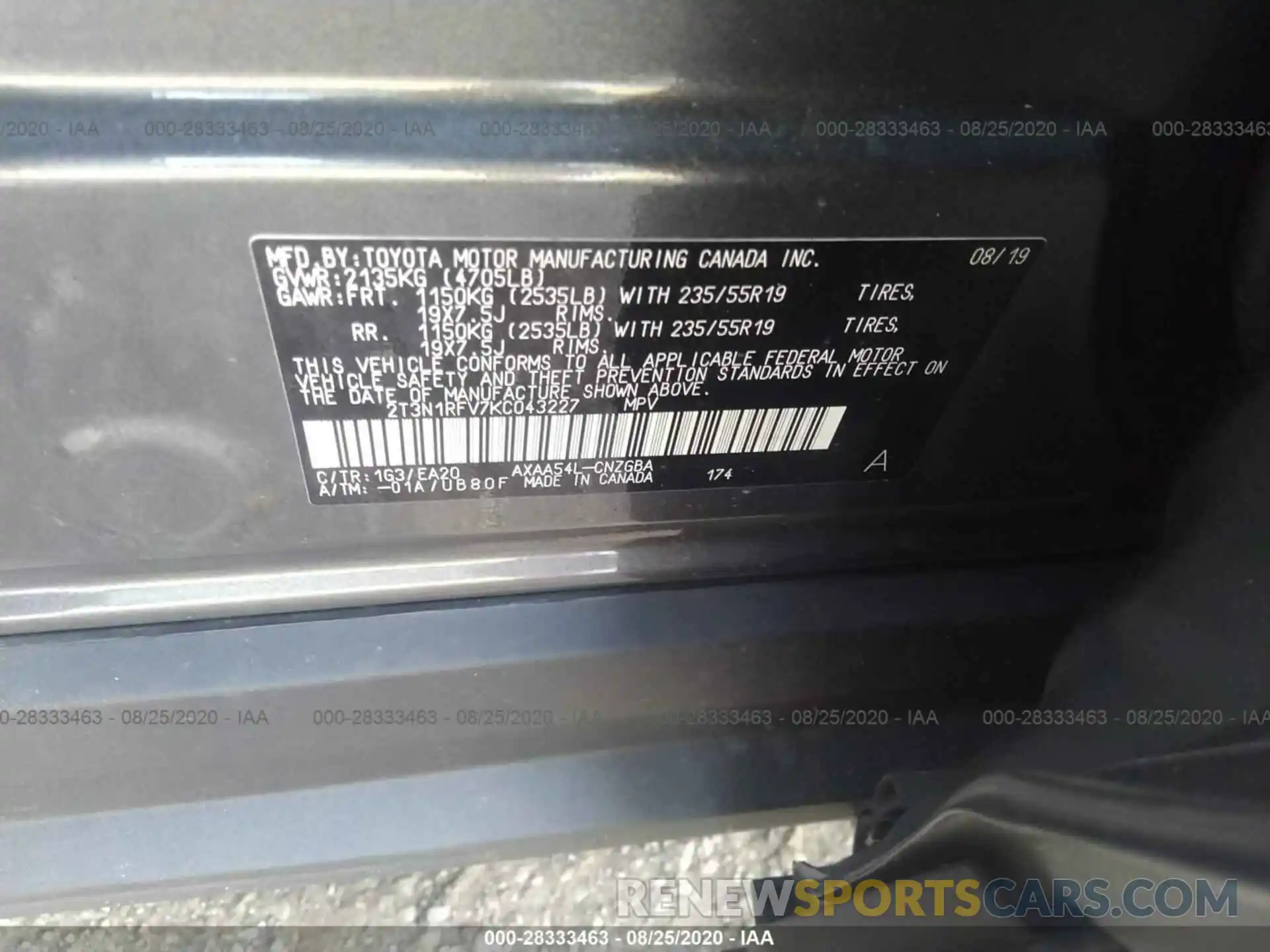 8 Фотография поврежденного автомобиля 2T3N1RFV7KC043227 TOYOTA RAV4 2019