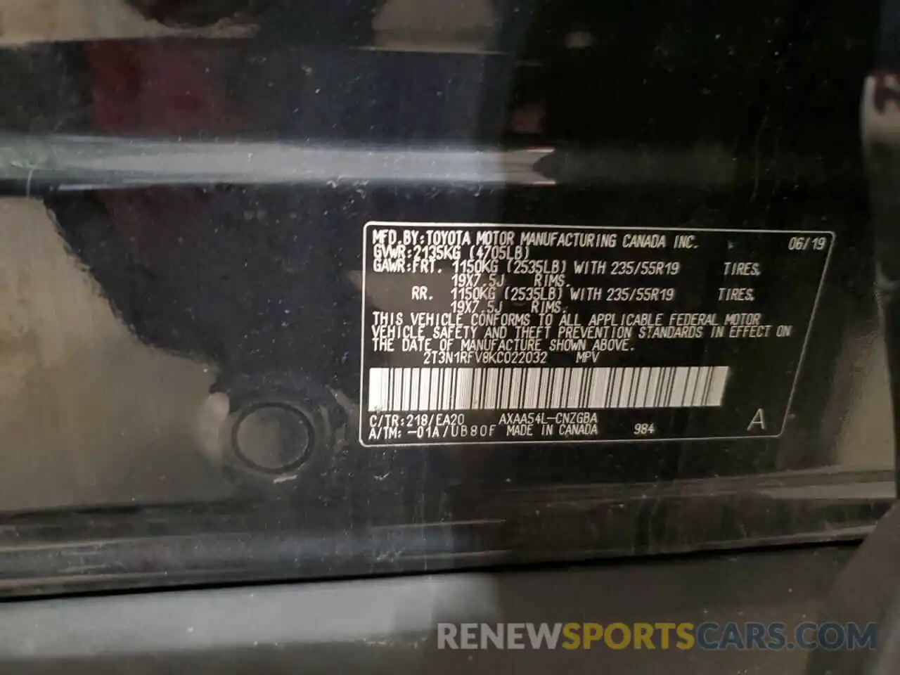 13 Photograph of a damaged car 2T3N1RFV8KC022032 TOYOTA RAV4 2019