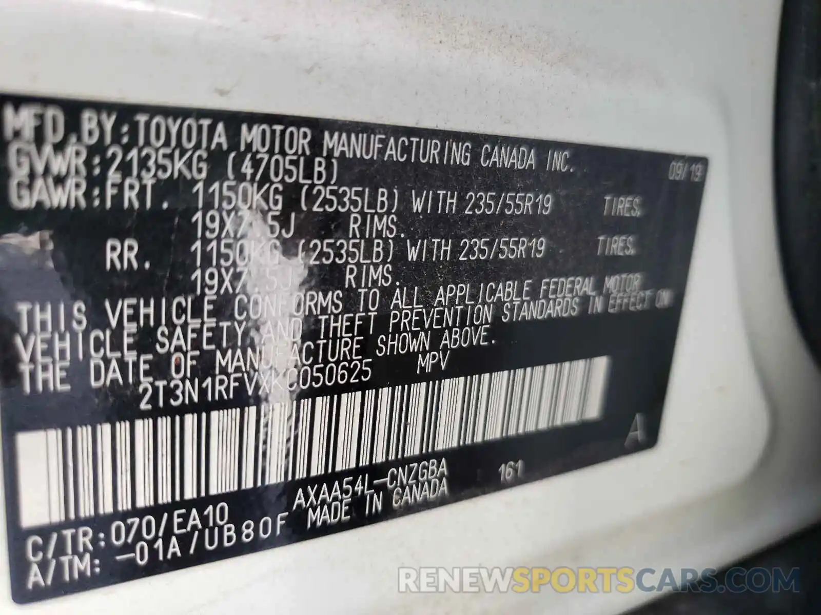 10 Фотография поврежденного автомобиля 2T3N1RFVXKC050625 TOYOTA RAV4 2019