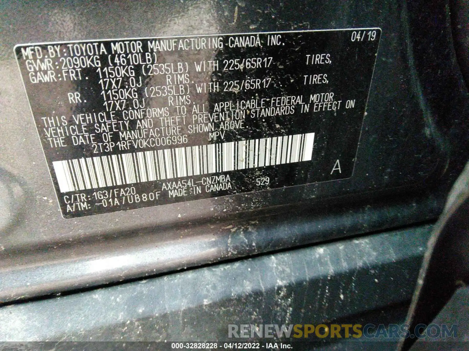 9 Photograph of a damaged car 2T3P1RFV0KC006996 TOYOTA RAV4 2019