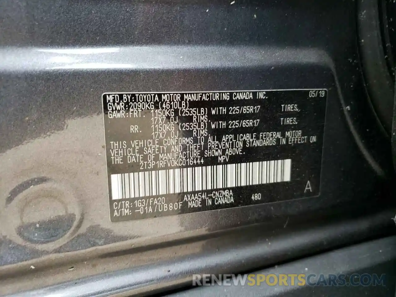 10 Фотография поврежденного автомобиля 2T3P1RFV0KC016444 TOYOTA RAV4 2019