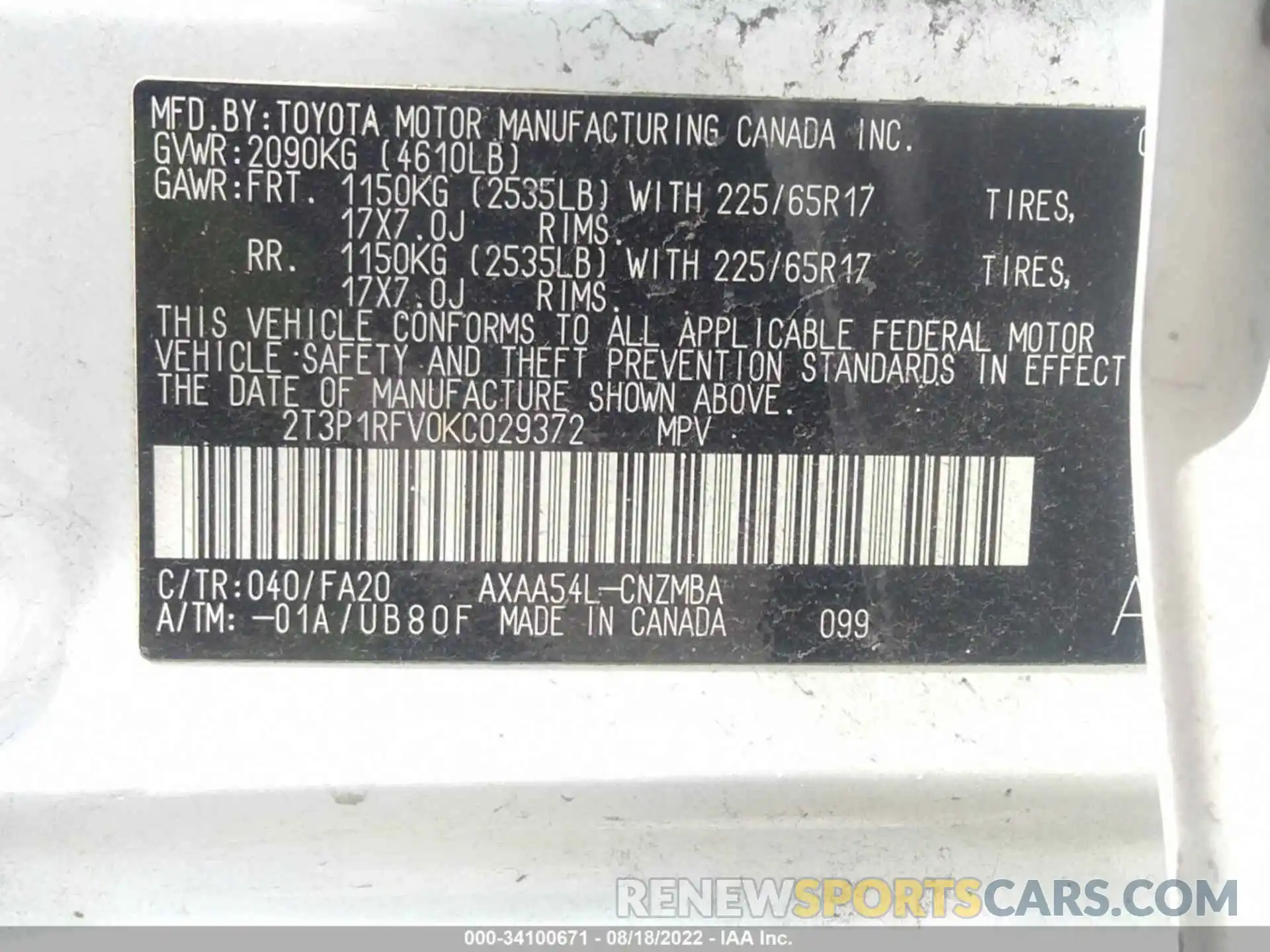 9 Фотография поврежденного автомобиля 2T3P1RFV0KC029372 TOYOTA RAV4 2019