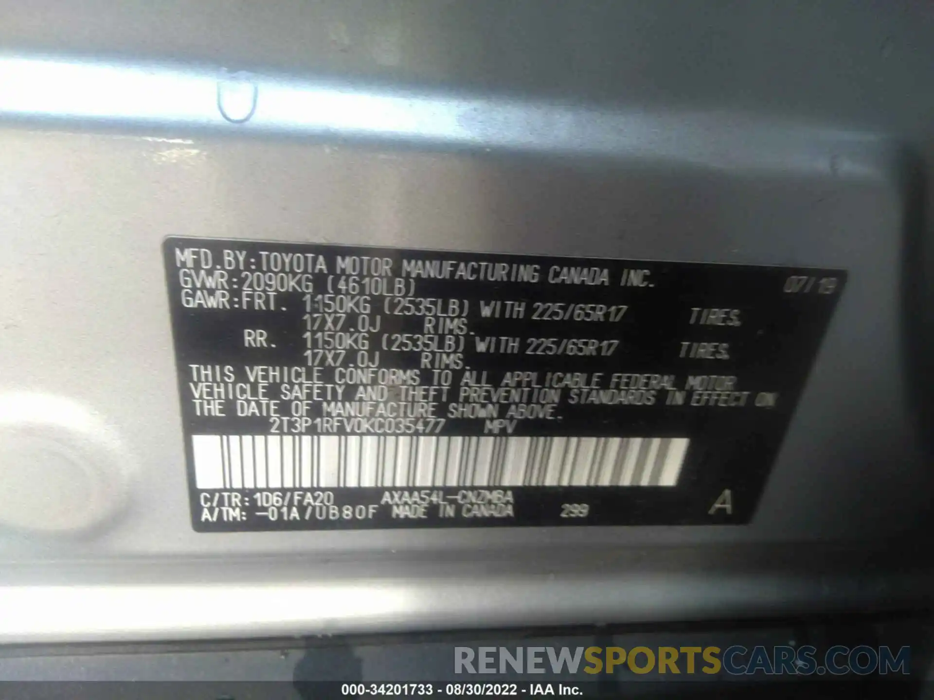 9 Фотография поврежденного автомобиля 2T3P1RFV0KC035477 TOYOTA RAV4 2019