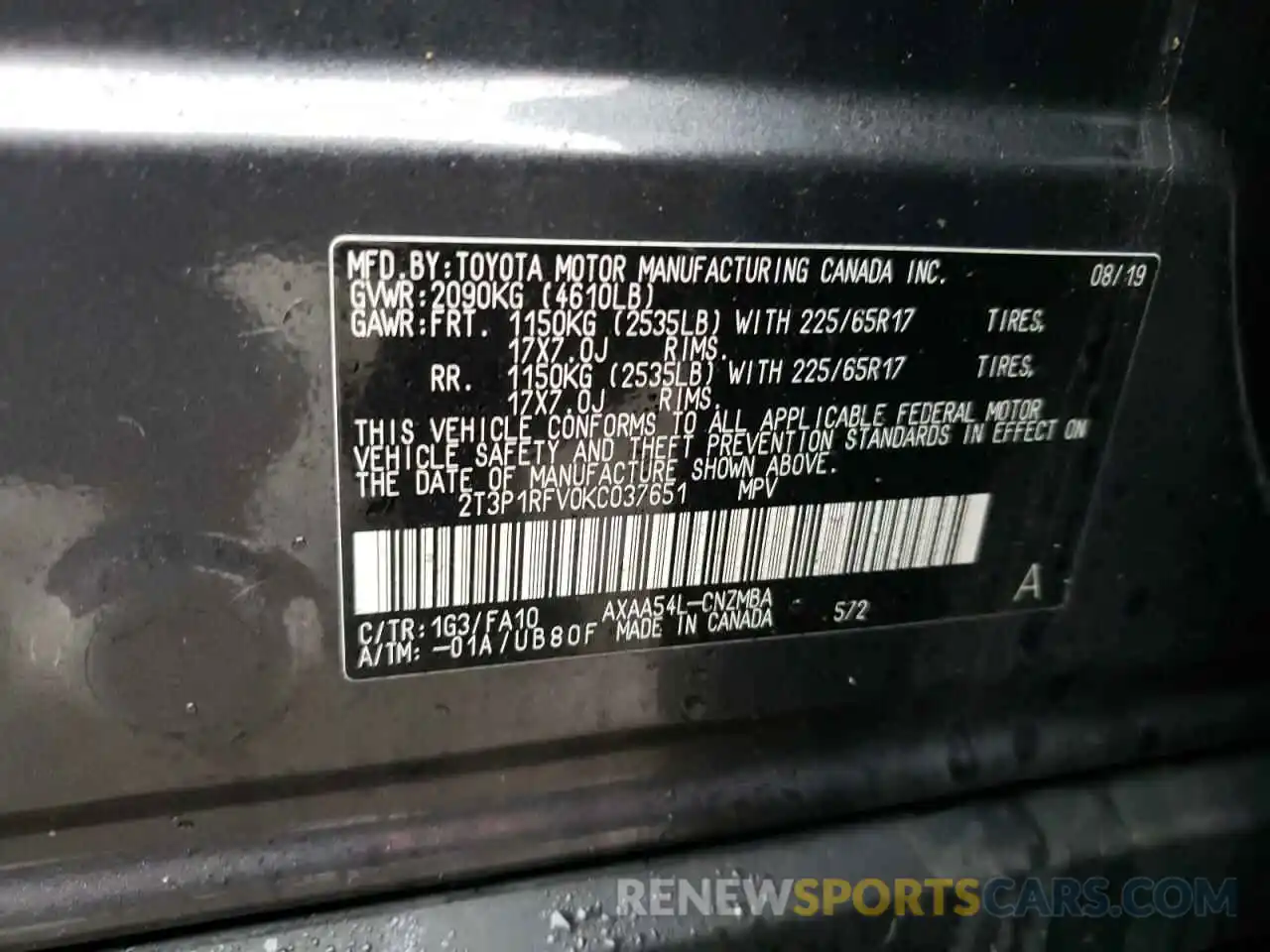 13 Фотография поврежденного автомобиля 2T3P1RFV0KC037651 TOYOTA RAV4 2019