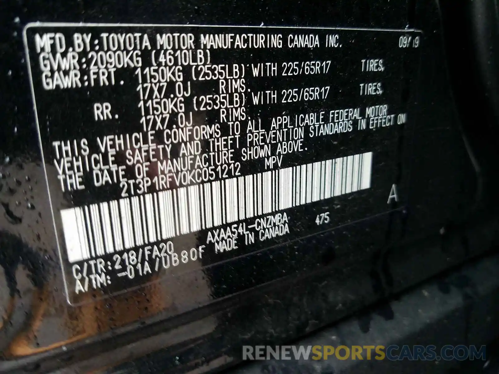 10 Фотография поврежденного автомобиля 2T3P1RFV0KC051212 TOYOTA RAV4 2019