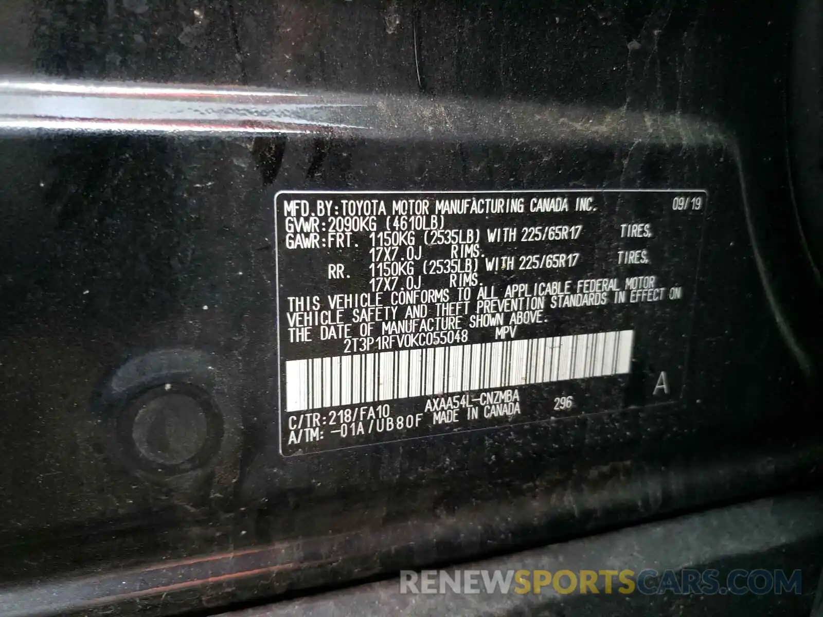 10 Photograph of a damaged car 2T3P1RFV0KC055048 TOYOTA RAV4 2019