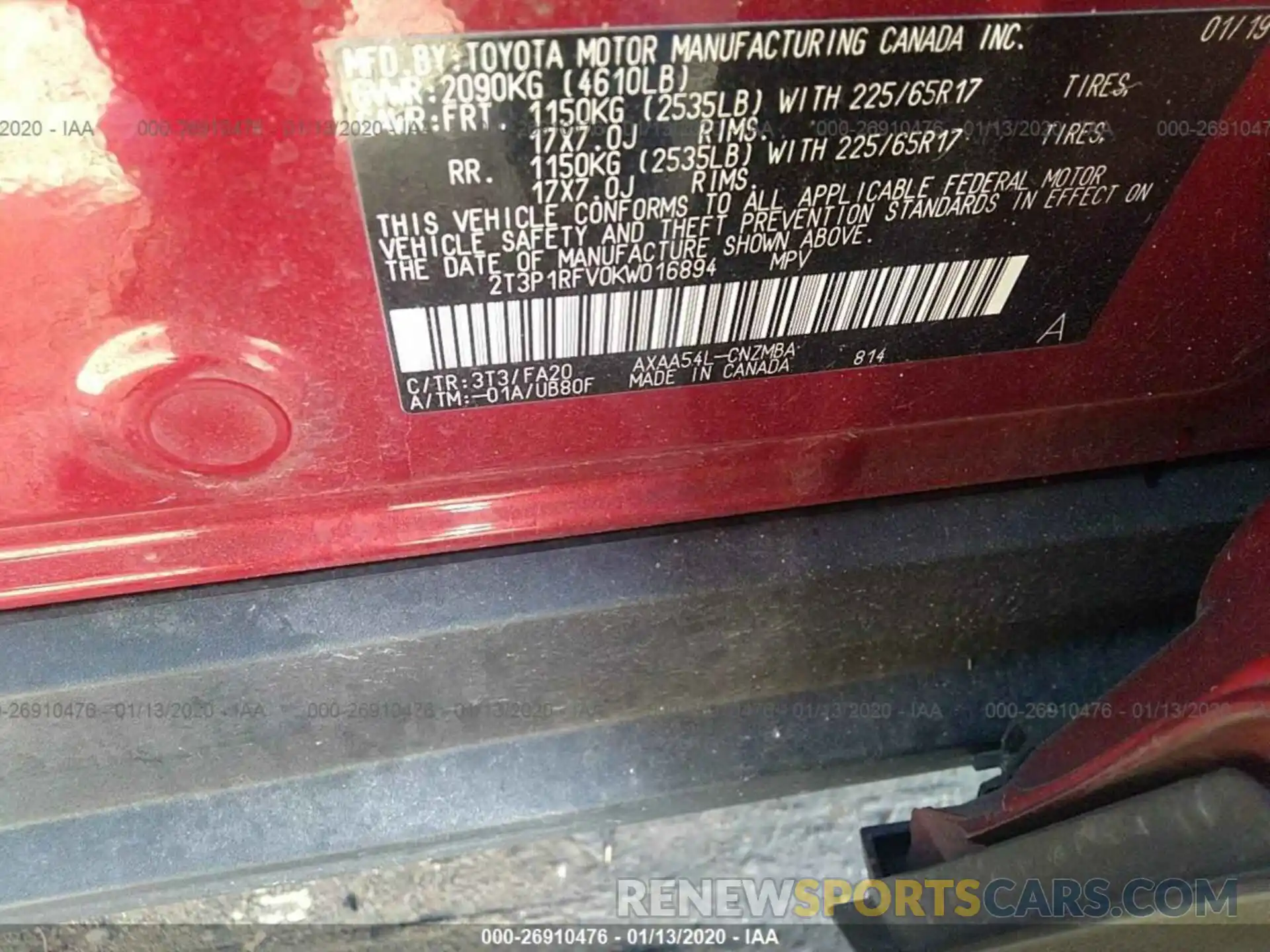 9 Фотография поврежденного автомобиля 2T3P1RFV0KW016894 TOYOTA RAV4 2019