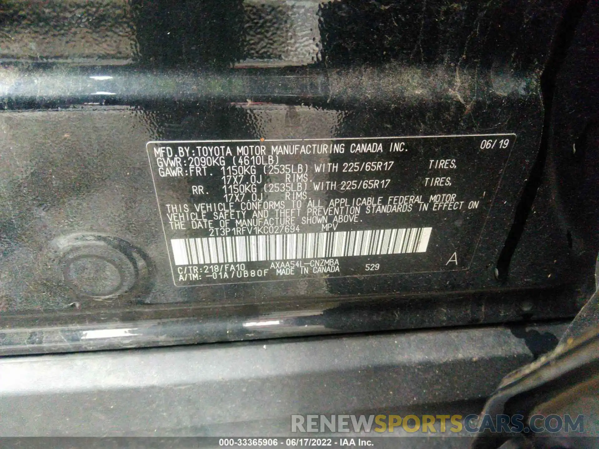 9 Фотография поврежденного автомобиля 2T3P1RFV1KC027694 TOYOTA RAV4 2019