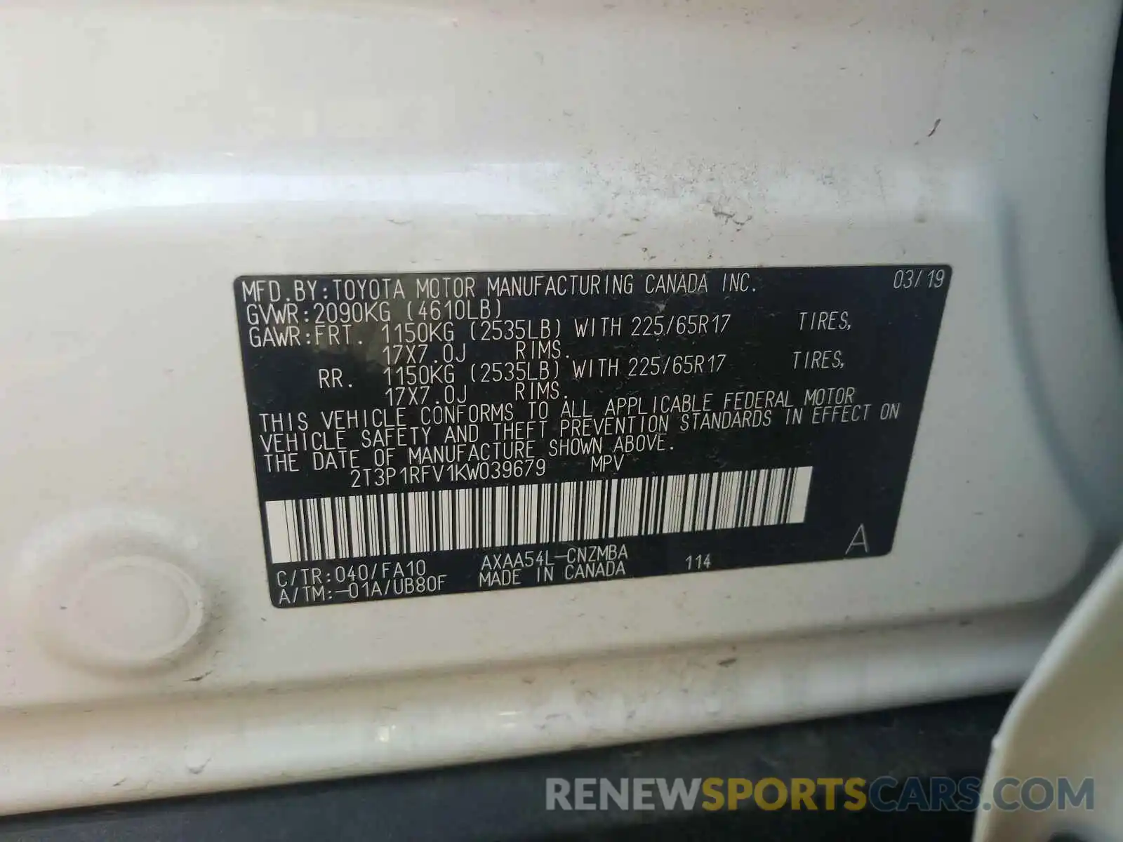 10 Photograph of a damaged car 2T3P1RFV1KW039679 TOYOTA RAV4 2019