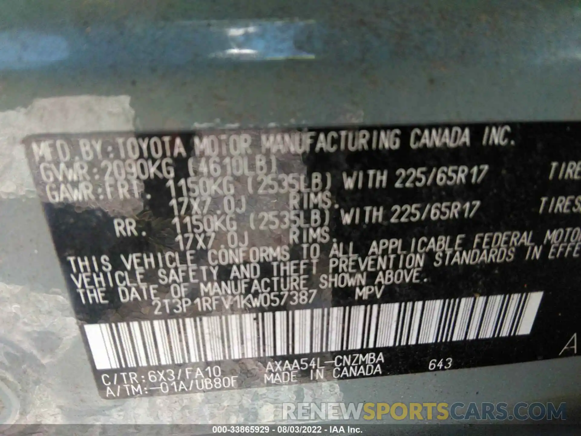 9 Фотография поврежденного автомобиля 2T3P1RFV1KW057387 TOYOTA RAV4 2019