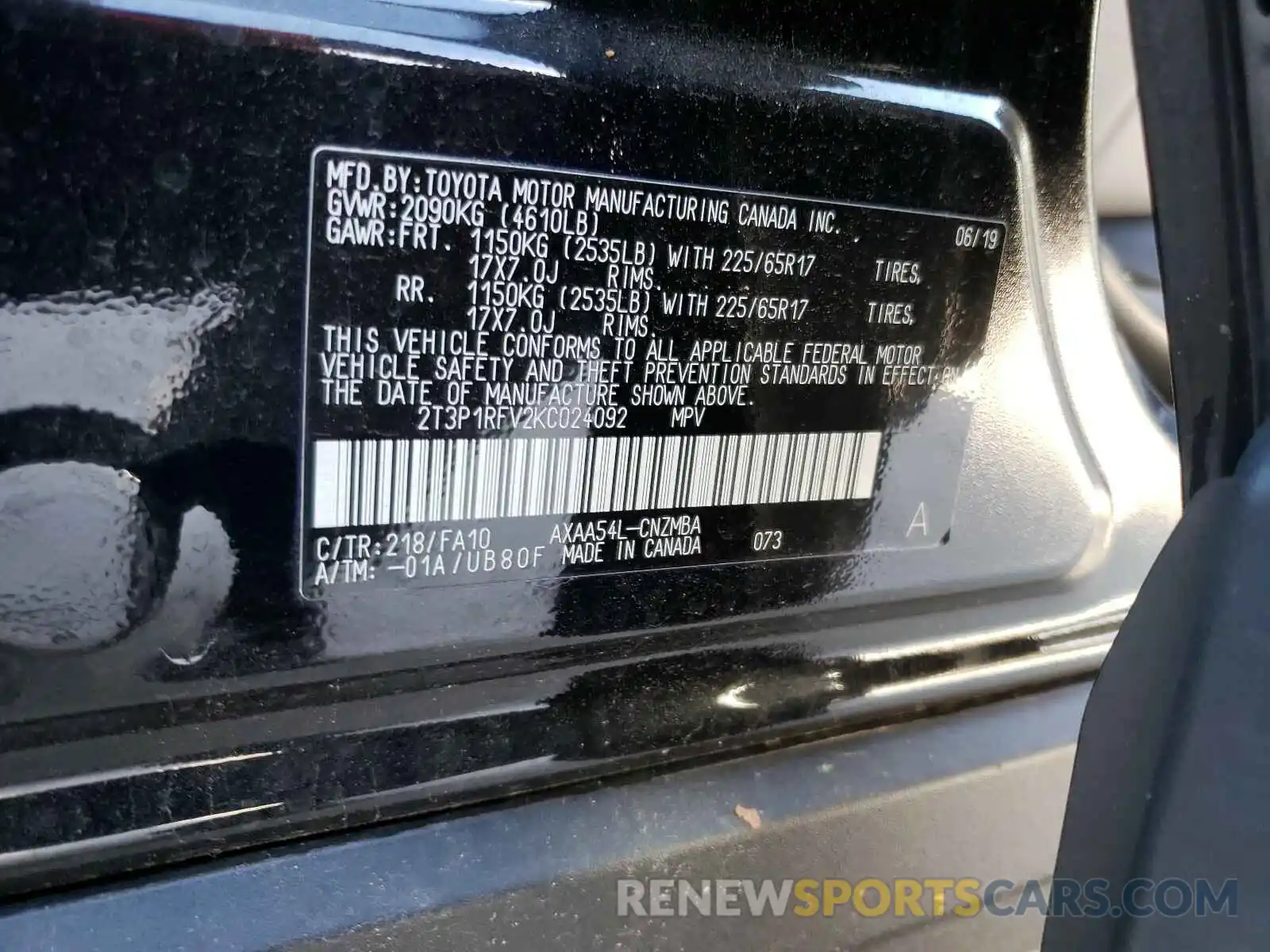 10 Photograph of a damaged car 2T3P1RFV2KC024092 TOYOTA RAV4 2019