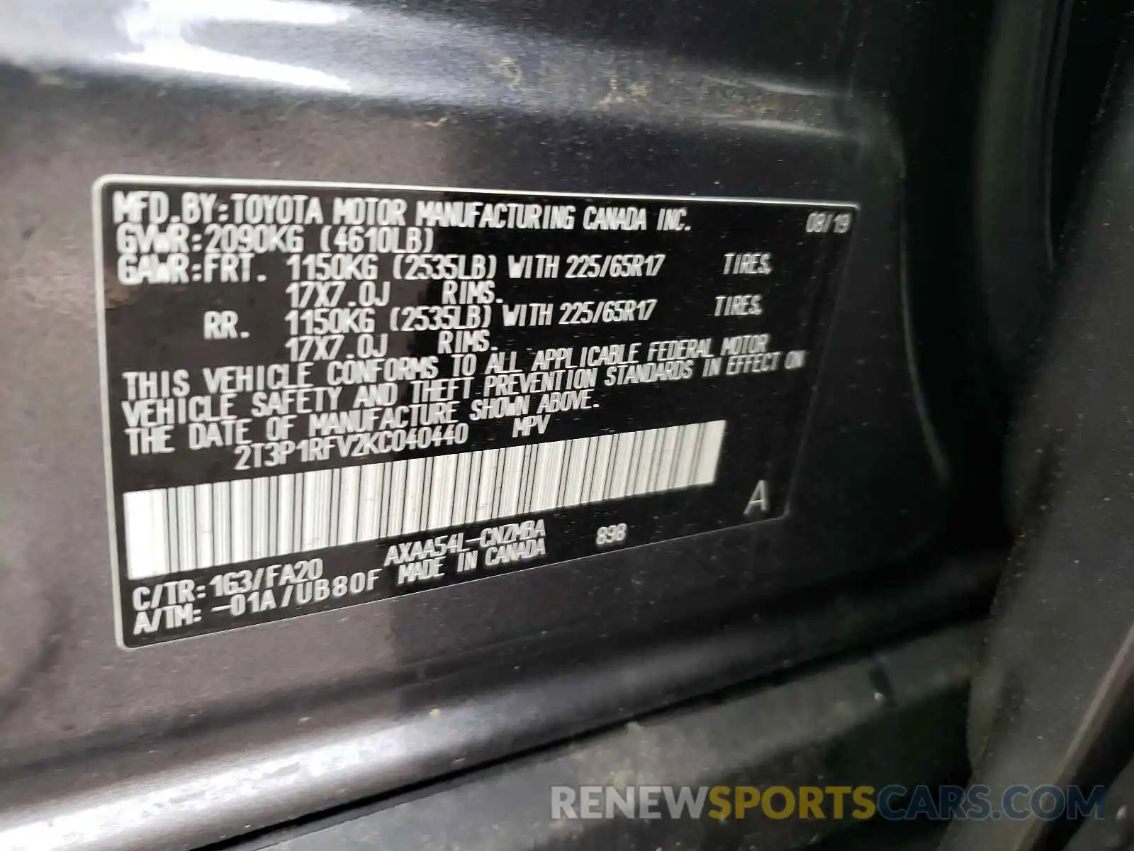 10 Фотография поврежденного автомобиля 2T3P1RFV2KC040440 TOYOTA RAV4 2019