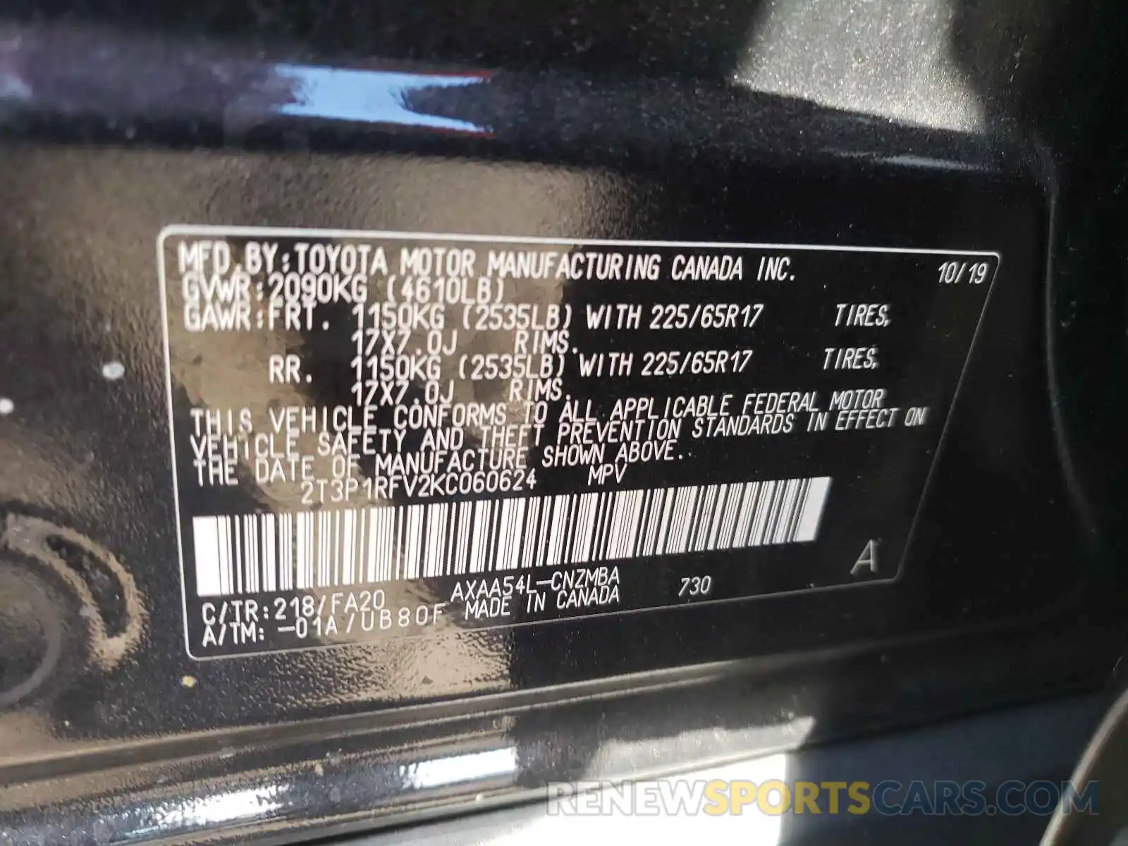 10 Фотография поврежденного автомобиля 2T3P1RFV2KC060624 TOYOTA RAV4 2019