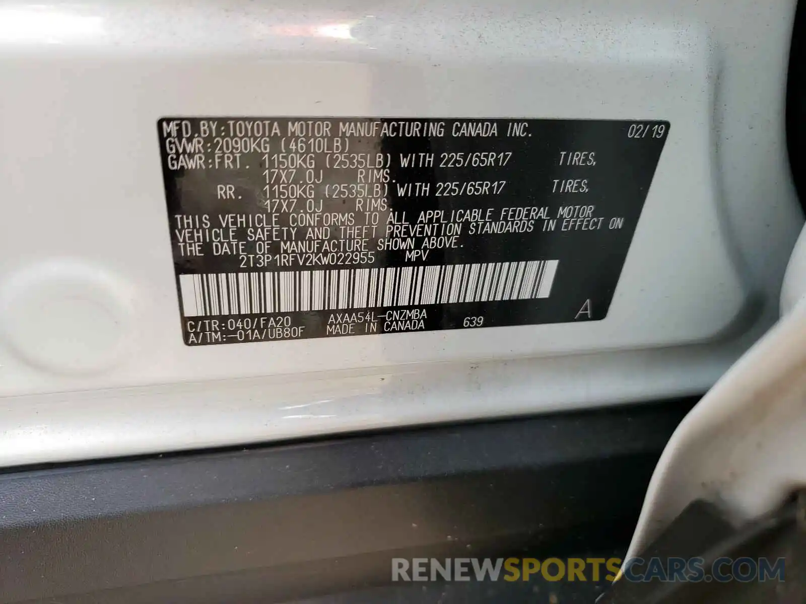 10 Photograph of a damaged car 2T3P1RFV2KW022955 TOYOTA RAV4 2019