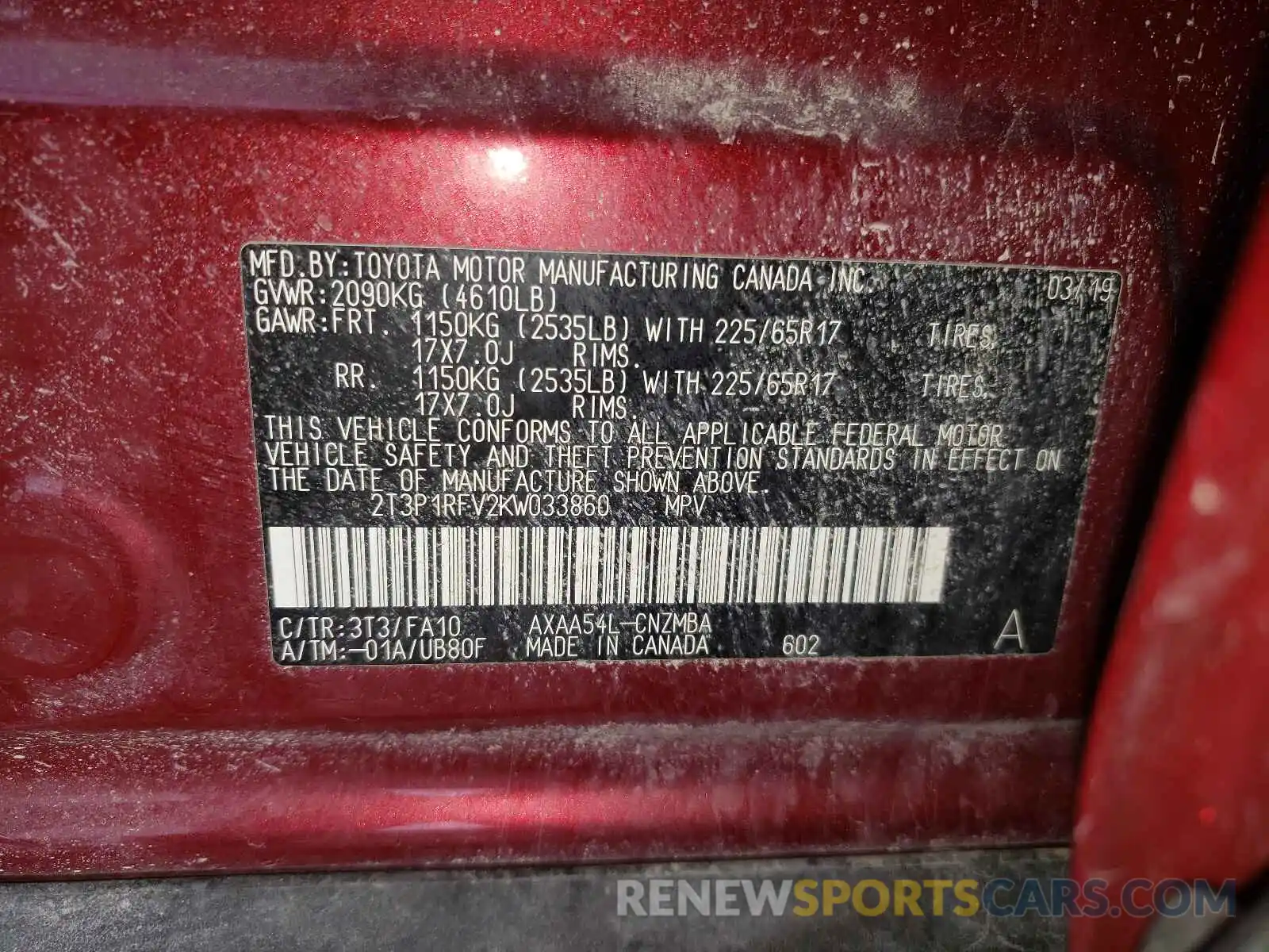 10 Photograph of a damaged car 2T3P1RFV2KW033860 TOYOTA RAV4 2019