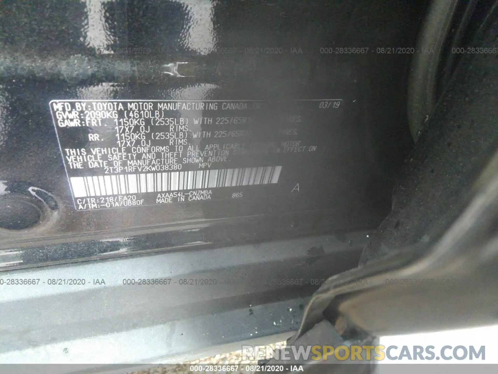 9 Photograph of a damaged car 2T3P1RFV2KW038380 TOYOTA RAV4 2019