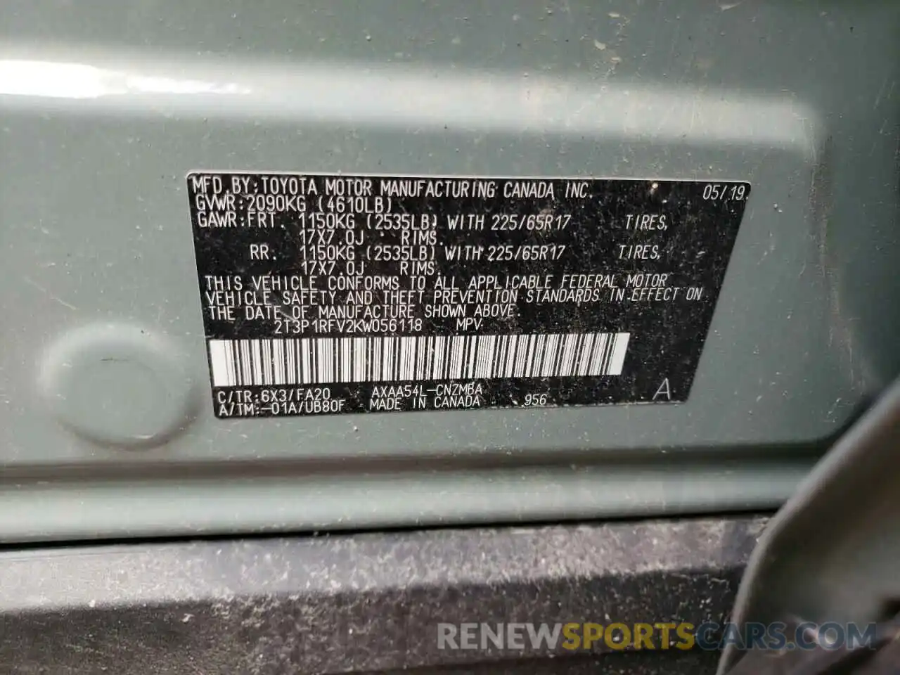 10 Photograph of a damaged car 2T3P1RFV2KW056118 TOYOTA RAV4 2019